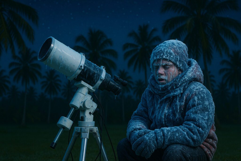 Astronome frigorifié couvert de givre