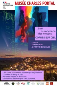 Affiche Nuit des musées 2026 au Musée Charles Portal de Cordes-sur-Ciel autour du Libre Ferrat et de l’astronomie médiévale